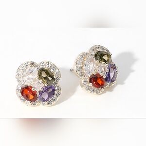 14K Gold Plated Colorful CZ Stone Paved Flower Stud Earrings